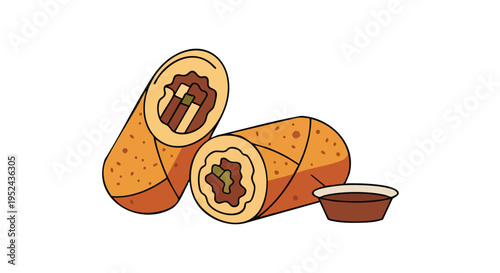 Two sections of a fried roll with dipping sauce. The cut ends show the ingredients. The other section is whole. All set against a white background