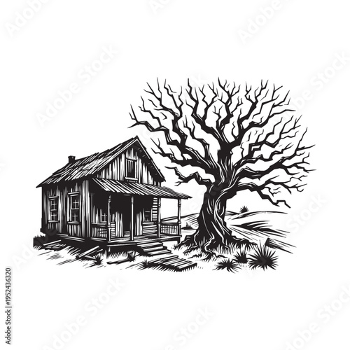 A house with a tree in a rural setting