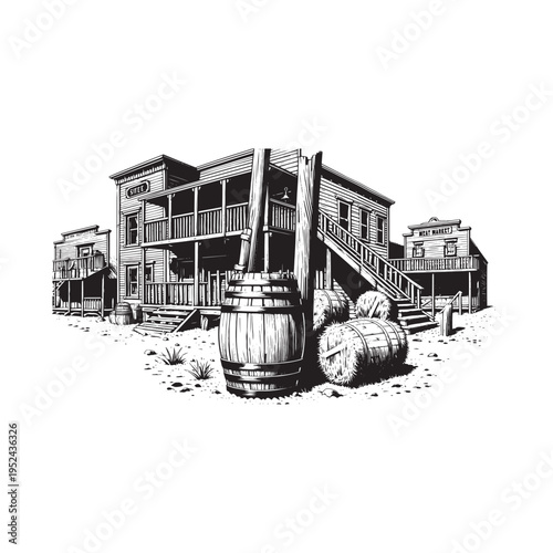 Old west town with wooden buildings and barrels