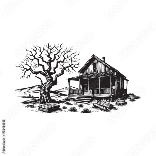 A black and white drawing of a house and a tree