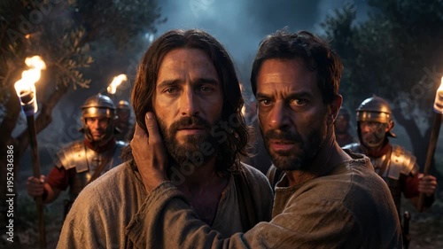 Man being kissed by another man while roman soldiers with torches approach in the background of the garden