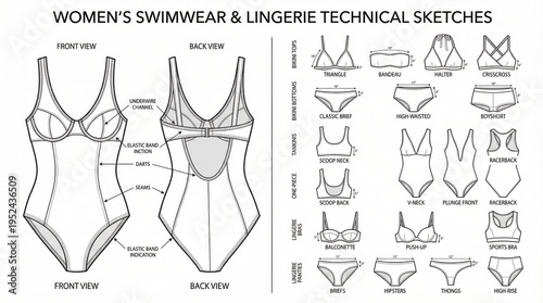 Technical swimwear and lingerie sketch sheet showing bras, bikini cuts, trims, one‑pieces, bottoms, racerback straps, princess seam details.