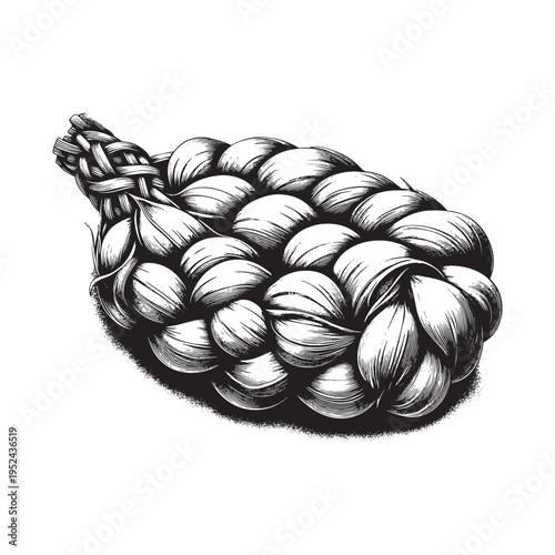 A bunch of garlic bulbs braided together