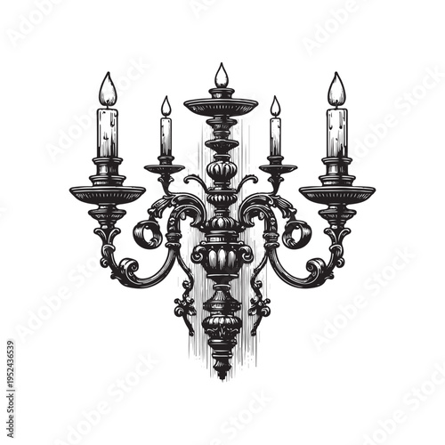 A black and white drawing of a chandelier with four candles