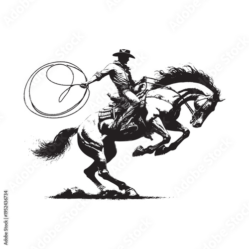 Cowboy riding a horse and swinging a lasso