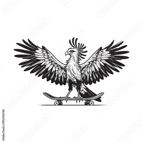 An eagle standing on a skateboard with its wings spread