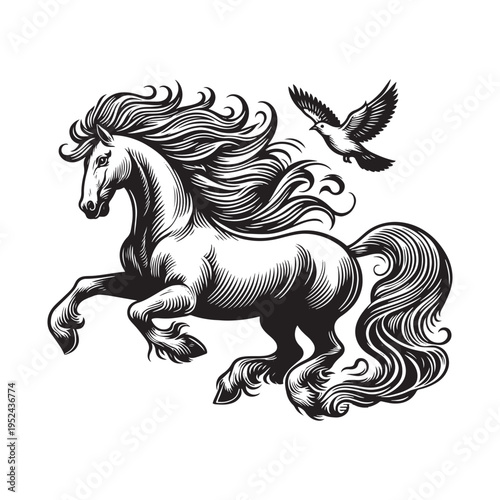 A horse and a bird in a dynamic black and white illustration