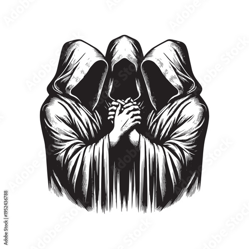 Three hooded figures with hands clasped together