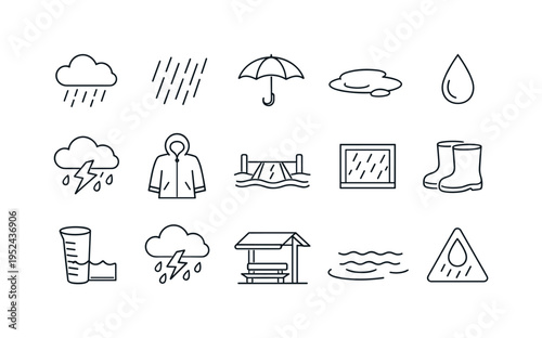 Minimal line icons of rainy weather and flood safety elements including clouds, raindrops, umbrella, raincoat, boots, storm and water warnings