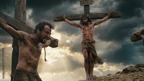 Crucifixion of Christ from different angles, showing man on cross on left and right, suffering with Christ, concept of good friday.