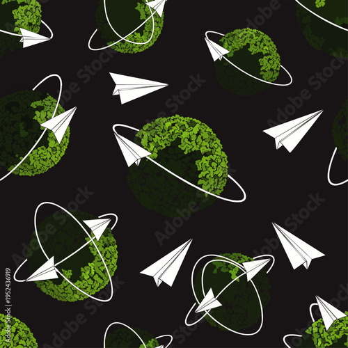Eco-friendly global travel seamless pattern. Green leafy earth globes with white paper airplanes illustrate sustainable transport and worldwide connection.
