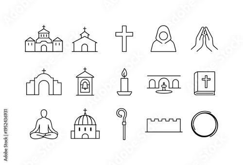 Minimal line icon set of Christian religion symbols featuring churches, cross, praying hands, candle, bible, monk, meditation, and architectural elements