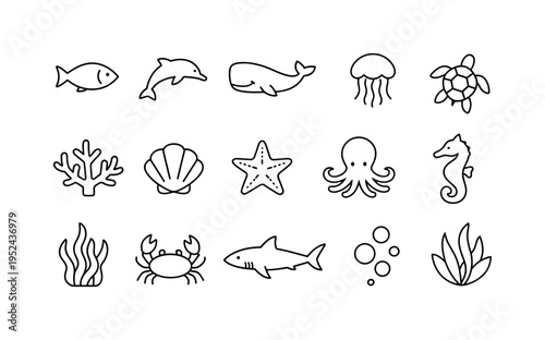 Minimal black line icons set of sea life featuring fish, dolphin, whale, jellyfish, turtle, coral, shell, starfish, octopus, seahorse