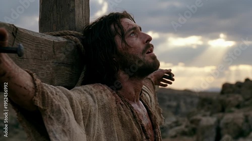 Jesus christ on cross, looking up to heaven on golgotha. Passion of christ, good friday, the crucifixion scene.