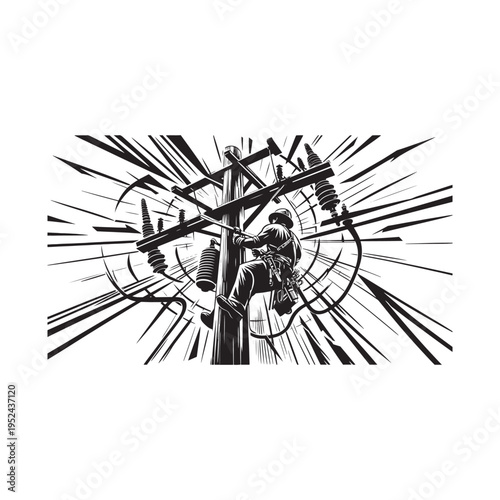 A man in a hard hat climbing a power pole