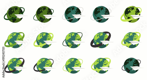 Fifteen unique Earth globe icons with orbiting rings, symbolizing global network, internet communication, data transfer, and worldwide connection. Vector illustration set.