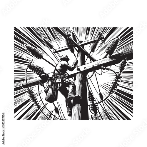 A man in a hard hat climbing a power pole