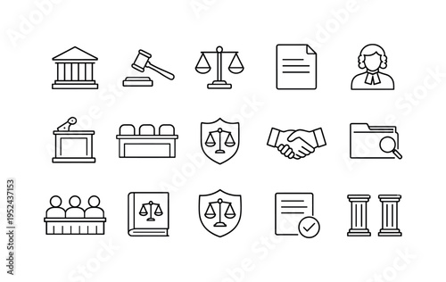 Minimal line icon set illustrating legal system concepts with courthouse, gavel, scales of justice, documents, judge, courtroom, and agreement