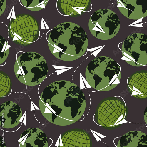 Seamless pattern with green Earth globes and white paper airplanes flying around and connecting them, symbolizing global travel, communication, and international connections.