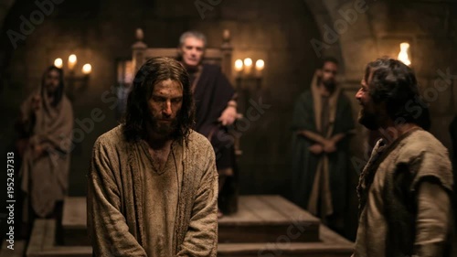 Man in ancient attire with bound hands stands before pontius pilate and barrabas in a dark room during the trial process