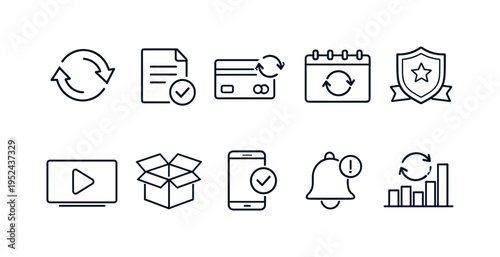 Minimal line icon set for business workflow and software interface featuring refresh, document check, card, calendar, security badge, alerts, analytics