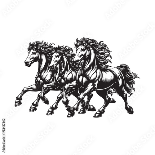 Three black and white horses running side by side