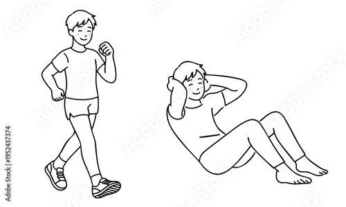 Man in sportswear exercising with running and sit-up, simple black and white line art illustration set isolated on white background.
