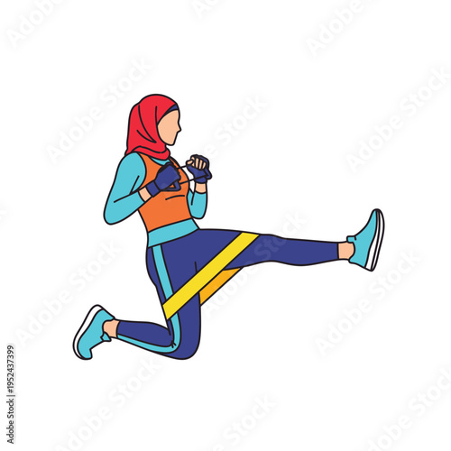 Muslim Woman Exercising with Resistance Band.
