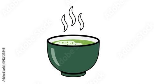 Steaming Green Matcha Tea Bowl with Froth and Swirls