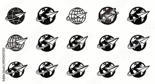 Set of vector icons depicting a paper airplane orbiting a globe, symbolizing global communication, international travel, worldwide connection, and delivery.