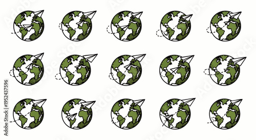 Pattern of paper airplanes flying around the Earth, symbolizing global connection, international travel, communication, and environmental care.