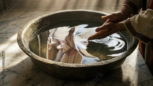 Man washing hands in a bowl, reflecting Jesus and the crowd, symbolizing Pontius Pilate and the absolution of guilt during Easter