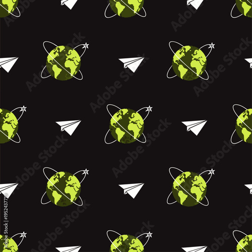 Abstract seamless pattern: green Earth globes with orbital rings and white paper airplanes on black. Symbolizes global travel, communication, and connectivity.
