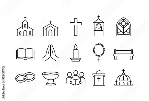 Minimal line icon set of Christian church symbols including chapel, cross, Bible, praying hands, candle, rosary, rings, altar, pulpit, and stained glass