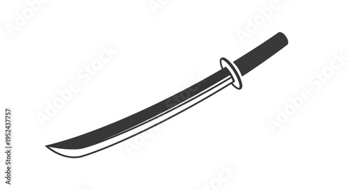 Black and white illustration of a Japanese katana sword, isolated on white background