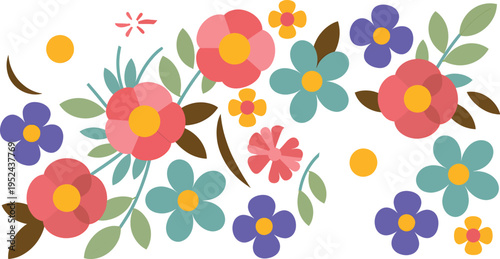 Cheerful and vibrant digitally rendered minimalist floral design, featuring a delightful collection of colorful flowers and green leaves, perfect for spring and summer decorative projects