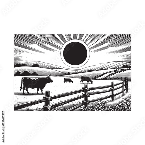 A black and white drawing of cows in a field with an eclipse