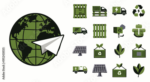 Sustainable global logistics and eco-friendly transport icon set. Green shipping, renewable energy, and environmental delivery solutions vector illustration.