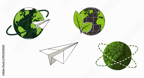 Set of eco-friendly globe and paper airplane icons illustrating global environmental awareness, sustainable travel, and nature conservation concepts.