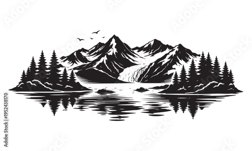 Kenai Fjords National Park Silhouette, Silhouette Vector, Isolated on White Background