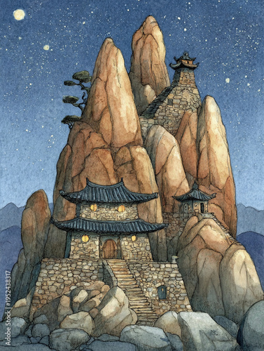 The image depicts a rocky mountain range featuring two ancient stone structures. The buildings are nestled among the peaks, illuminated under a starry sky.