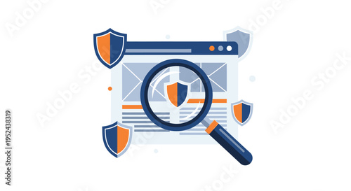 Cybersecurity concept with magnifying glass and shields.