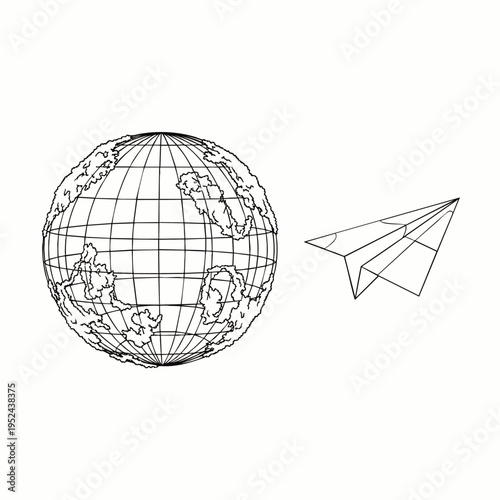 Minimalist line art illustration of a paper airplane and a stylized Earth globe, symbolizing global travel, communication, and world exploration. Clean vector design.