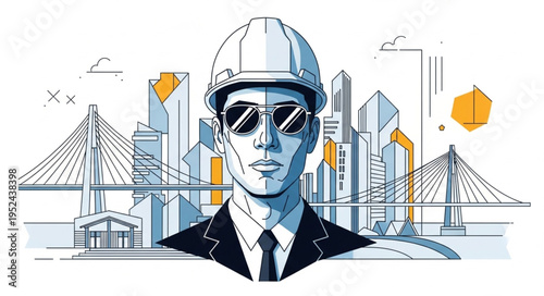 Architect in Hard Hat with Cityscape, Modern Design.