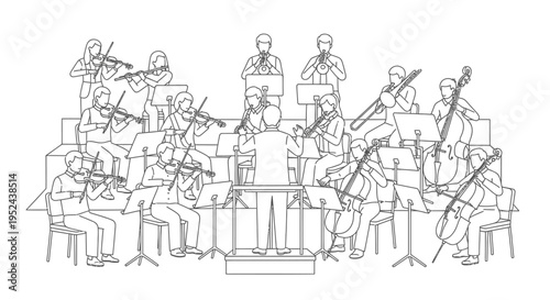 Orchestra performing classical music on stage with conductor.