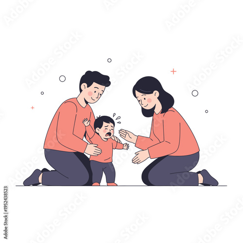 Parents comforting crying baby learning to walk.