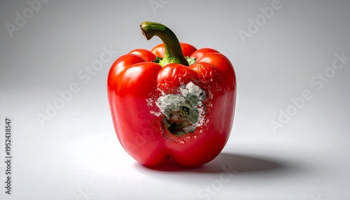 Close-up of rotting red bell pepper, showing mold, on a neutral backdrop