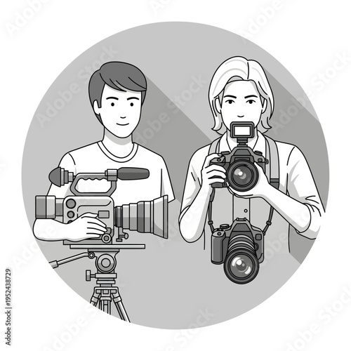 Two Photographers Holding Camera Equipment.