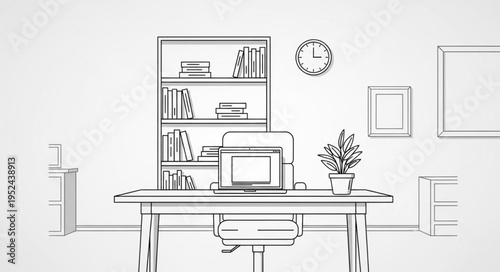 Line Art Office Interior with Desk, Bookshelf, and Computer.