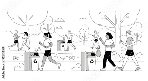 People jogging and cleaning park environment together.